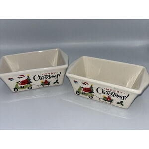 Mini Loaf Pans Set of 2 Holiday Merry Christmas Stoneware Baking Dishes Unused
